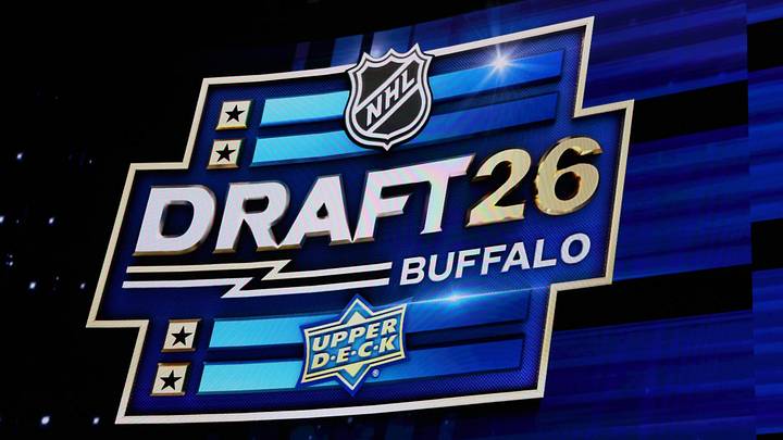 Jun 26, 2026; Buffalo, New York, USA; The logo for the NHL draft during the first round at KeyBank Center. Mandatory Credit: Timothy T. Ludwig-Imagn Images