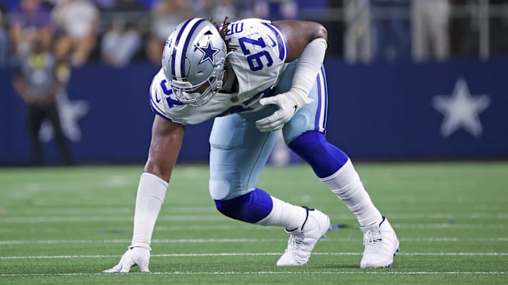 Sep 27, 2021; Arlington, Texas, USA;  Dallas Cowboys defensive tackle Osa Odighizuwa (97) in action during the game against the Philadelphia Eagles at AT&T Stadium. Mandatory Credit: Kevin Jairaj-Imagn Images