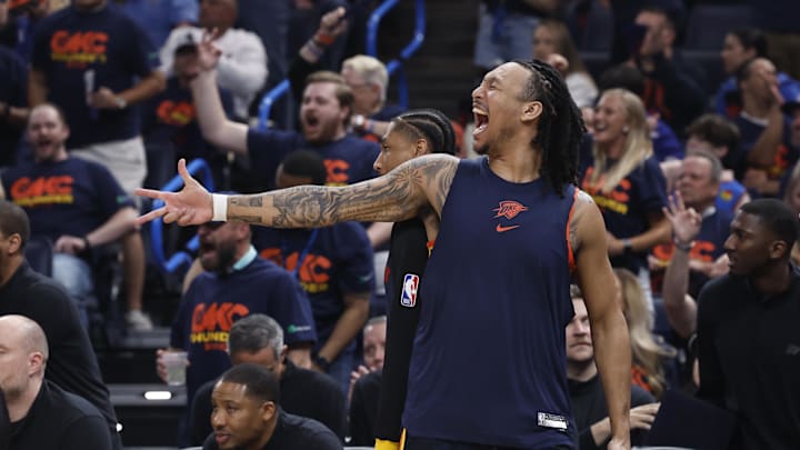 May 15, 2024; Oklahoma City, Oklahoma, USA; Oklahoma City Thunder forward Jaylin Williams (6) celebrates after his team scores against the Dallas Mavericks during the first quarter of game five of the second round for the 2024 NBA playoffs at Paycom Center. Mandatory Credit: Alonzo Adams-Imagn Images