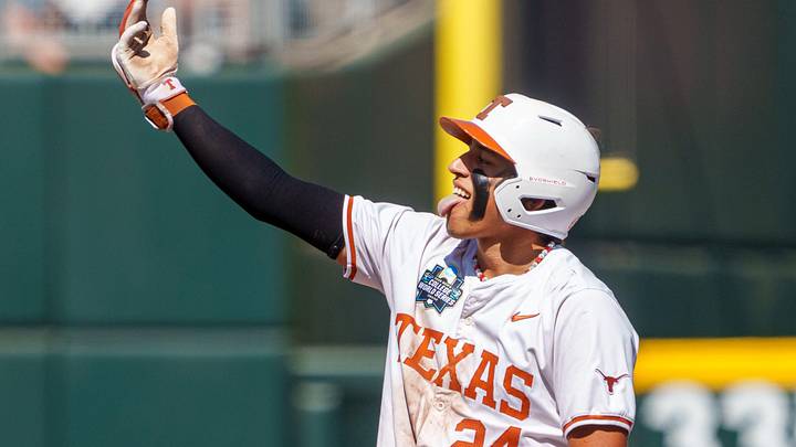Texas Longhorns shortstop Adrian Rodriguez (24) celebrates after driving in a run on a double against the Alabama Crimson Tide during the eighth inning at Charles Schwab Field. Rodriguez became the third person in series history to complete the cycle. Texas Longhorns shortstop Adrian Rodriguez (24) celebrates after driving in a run on a double against the Alabama Crimson Tide during the eighth inning at Charles Schwab Field. Rodriguez became the third person in series history to complete the cycle.