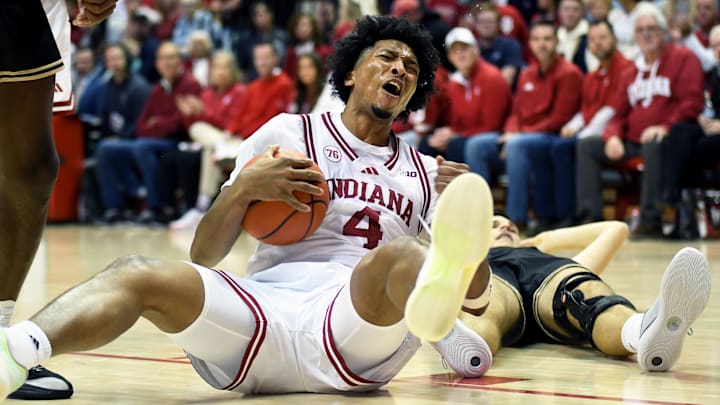 Indiana forward Sam Alexis celebrates after a play Nov. 20, 2025, against Lindenwood at Simon Skjodt Assembly Hall.