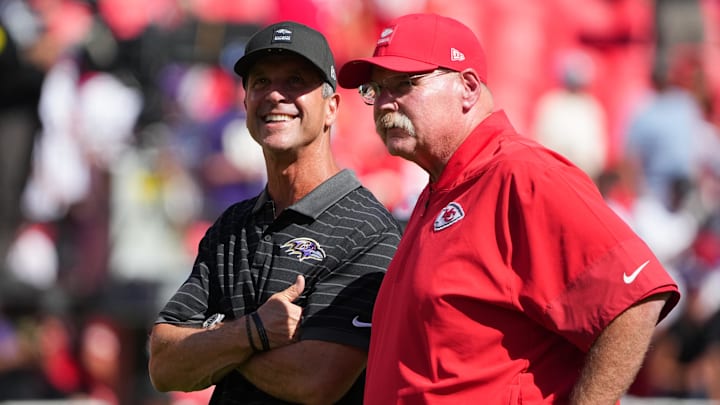 Sep 28, 2025; Kansas City, Missouri, USA; Kansas City Chiefs Head Coach Andy Reid and Baltimore Ravens Head Coach John Harbaugh look on before the game at GEHA Field at Arrowhead Stadium. Mandatory Credit: Denny Medley-Imagn Images Sep 28, 2025; Kansas City, Missouri, USA; Kansas City Chiefs Head Coach Andy Reid and Baltimore Ravens Head Coach John Harbaugh look on before the game at GEHA Field at Arrowhead Stadium. Mandatory Credit: Denny Medley-Imagn Images