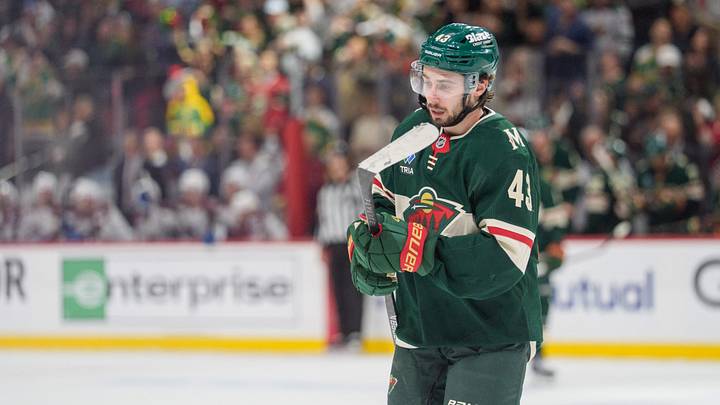May 9, 2026; Saint Paul, Minnesota, USA; Minnesota Wild defenseman Quinn Hughes (43) skates after scoring against the Colorado Avalanche in the first period of game three of the second round of the 2026 Stanley Cup Playoffs at Grand Casino Arena. Mandatory Credit: Matt Blewett-Imagn Images May 9, 2026; Saint Paul, Minnesota, USA; Minnesota Wild defenseman Quinn Hughes (43) skates after scoring against the Colorado Avalanche in the first period of game three of the second round of the 2026 Stanley Cup Playoffs at Grand Casino Arena. Mandatory Credit: Matt Blewett-Imagn Images