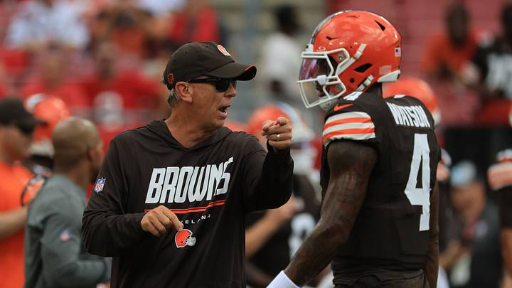 Sep 20, 2026; Tampa, Florida, USA; Cleveland Browns head coach Todd Monken with quarterback Deshaun Watson (4) during warm up prior to the game against the Tampa Bay Buccaneers at Raymond James Stadium. Mandatory Credit: Kim Klement Neitzel-Imagn Images Sep 20, 2026; Tampa, Florida, USA; Cleveland Browns head coach Todd Monken with quarterback Deshaun Watson (4) during warm up prior to the game against the Tampa Bay Buccaneers at Raymond James Stadium. Mandatory Credit: Kim Klement Neitzel-Imagn Images