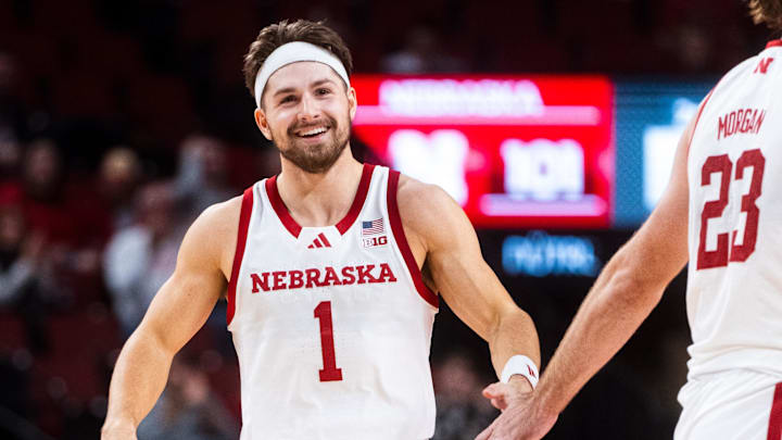 Dec 1, 2024; Lincoln, Nebraska, USA; Nebraska guard Sam Hoiberg (1) celebrates with forward Andrew Morgan during the second half against North Florida.