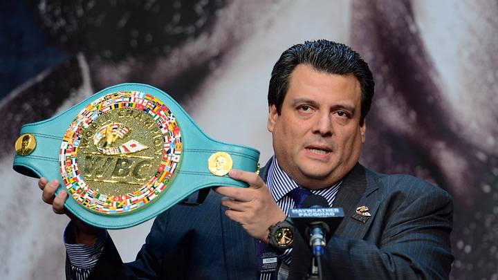 Apr 29, 2015; Las Vegas, NV, USA; WBC president Mauricio Sulaiman shows off a custom belt during a press conference at KA Theatre. Mandatory Credit: Joe Camporeale-Imagn Images