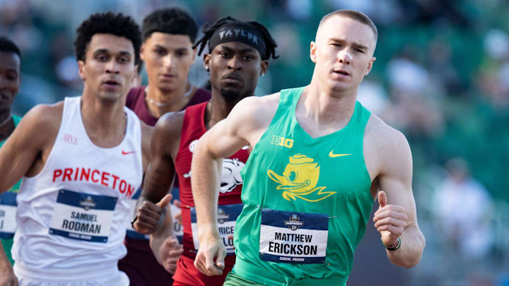 Oregon’s Matthew Erickson leads a pack in the first round of the men’s 800 meters on day one of the NCAA Outdoor Track and Field Championships on June 11, 2025, at Hayward Field in Eugene.