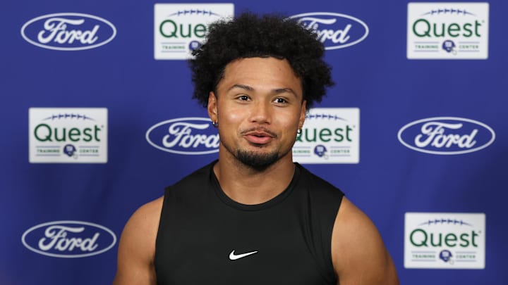 Aug 4, 2025; East Rutherford, NJ, USA; New York Giants linebacker Darius Muasau (53) talks with media during training camp at Quest Diagnostics Training Center.  