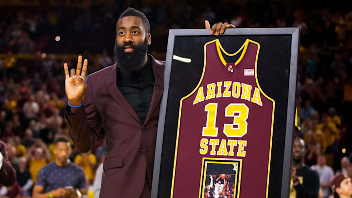Feb 18, 2015; Tempe, AZ, USA; Arizona State Sun Devils former guard James Harden reacts as he has his number retired during a halftime ceremony against the UCLA Bruins at Wells-Fargo Arena. Mandatory Credit: Mark J. Rebilas-Imagn Images