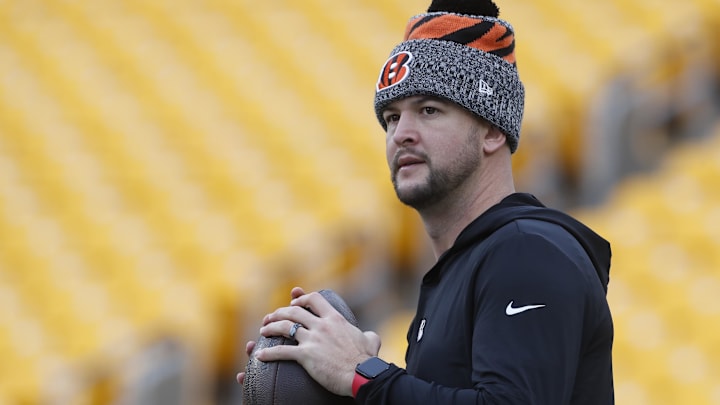 Dec 23, 2023; Pittsburgh, Pennsylvania, USA; Cincinnati Bengals quarterback AJ McCarron (4) warms up before the game against the Pittsburgh Steelers at Acrisure Stadium. Mandatory Credit: Charles LeClaire-Imagn Images Dec 23, 2023; Pittsburgh, Pennsylvania, USA; Cincinnati Bengals quarterback AJ McCarron (4) warms up before the game against the Pittsburgh Steelers at Acrisure Stadium. Mandatory Credit: Charles LeClaire-Imagn Images
