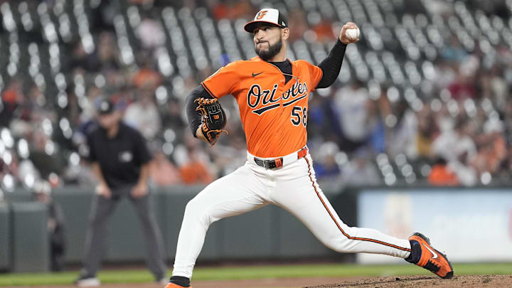 May 3, 2025; Baltimore, Maryland, USA; Baltimore Orioles pitcher Cionel Perez (58) delivers a pitch against the Kansas City Royals during the eighth inning at Oriole Park at Camden Yards. Mandatory Credit: Gregory Fisher-Imagn Images