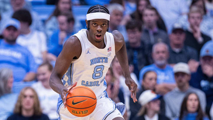 Dec 22, 2025; Chapel Hill, North Carolina, USA; North Carolina Tar Heels forward Caleb Wilson (8) brings the ball up court against the East Carolina Pirates during the second half at Dean E. Smith Center. Mandatory Credit: Scott Kinser-Imagn Images