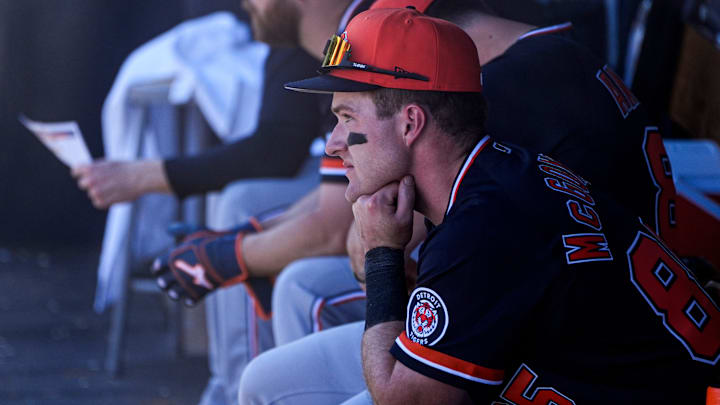 Detroit Tigers infielder Kevin McGonigle watches a play from the dugout during the fifth inning between New York Yankees and Detroit Tigers at George M. Steinbrenner Field in Tampa, Fla. on Saturday, Feb. 21, 2026.