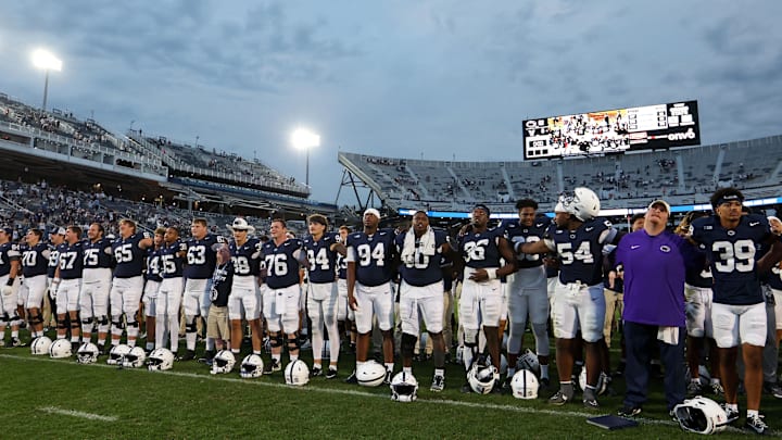Penn State Nittany Lions players sing their alma mater following the end of the game against the Villanova Wildcats at Beaver Stadium. Penn State Nittany Lions players sing their alma mater following the end of the game against the Villanova Wildcats at Beaver Stadium.