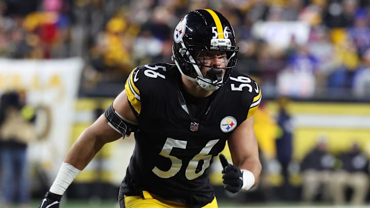 Nov 30, 2025; Pittsburgh, Pennsylvania, USA; Pittsburgh Steelers linebacker Alex Highsmith (56) looks on before a play during the second quarter against the Buffalo Bills at Acrisure Stadium. Mandatory Credit: Charles LeClaire-Imagn Images