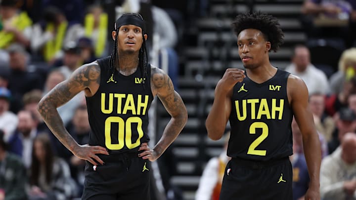 Mar 6, 2024; Salt Lake City, Utah, USA; Utah Jazz guard Jordan Clarkson (00) and guard Collin Sexton (2) speak during a second quarter break in action against the Chicago Bulls at Delta Center. Mandatory Credit: Rob Gray-Imagn Images Mar 6, 2024; Salt Lake City, Utah, USA; Utah Jazz guard Jordan Clarkson (00) and guard Collin Sexton (2) speak during a second quarter break in action against the Chicago Bulls at Delta Center. Mandatory Credit: Rob Gray-Imagn Images