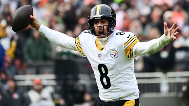 Dec 28, 2025; Cleveland, Ohio, USA; Pittsburgh Steelers quarterback Aaron Rodgers (8) reacts in the second quarter against the Cleveland Browns at Huntington Bank Field. Mandatory Credit: Ken Blaze-Imagn Images