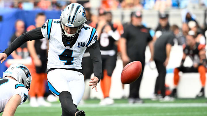 Sep 29, 2024; Charlotte, North Carolina, USA;  Carolina Panthers place kicker Eddy Pineiro (4) kicks a field goal in the fourth quarter at Bank of America Stadium