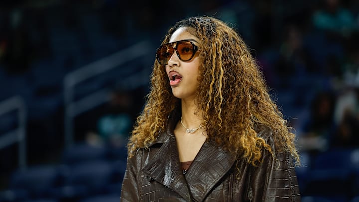 Sep 11, 2025; Chicago, Illinois, USA; Injured Chicago Sky forward Angel Reese (5) stands on the sidelines before a WNBA game against the New York Liberty at Wintrust Arena. Mandatory Credit: Kamil Krzaczynski-Imagn Images