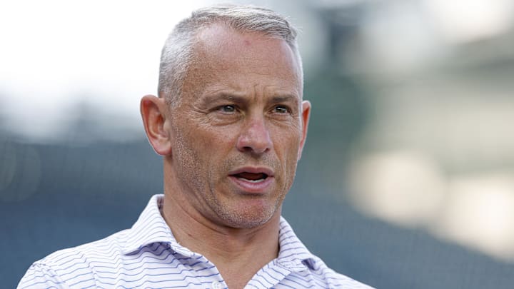 Jul 3, 2025; Chicago, Illinois, USA; Chicago Cubs president of baseball operations Jed Hoyer speaks before a baseball game between the Chicago Cubs and Cleveland Guardians at Wrigley Field