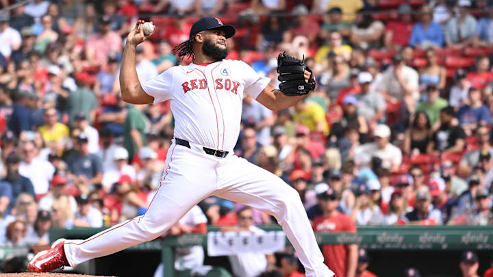Jun 2, 2024; Boston, Massachusetts, USA;  Boston Red Sox pitcher Kenley Jansen (74) pitches against the Detroit Tigers during the ninth inning at Fenway Park. Mandatory Credit: Eric Canha-USA TODAY Sports