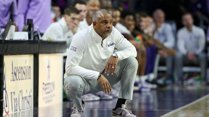Feb 8, 2025; Manhattan, Kansas, USA; Kansas State Wildcats head coach Jerome Tang looks on during the second half against the Kansas Jayhawks at Bramlage Coliseum. Mandatory Credit: Scott Sewell-Imagn Images