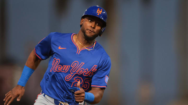 Mar 7, 2025; West Palm Beach, Florida, USA; New York Mets right fielder Alexander Canario (25) runs past third base against the Washington Nationals during the third inning at CACTI Park of the Palm Beaches. Mandatory Credit: Sam Navarro-Imagn Images Mar 7, 2025; West Palm Beach, Florida, USA; New York Mets right fielder Alexander Canario (25) runs past third base against the Washington Nationals during the third inning at CACTI Park of the Palm Beaches. Mandatory Credit: Sam Navarro-Imagn Images