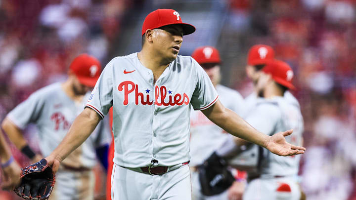Aug 12, 2025; Cincinnati, Ohio, USA; Philadelphia Phillies starting pitcher Ranger Suarez (55) walks off the field during a pitching change in the sixth inning against the Cincinnati Reds at Great American Ball Park. Mandatory Credit: Katie Stratman-Imagn Images