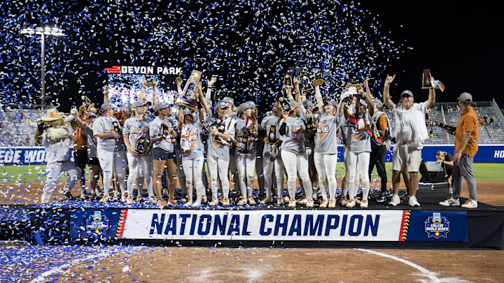 Jun 6, 2025; Oklahoma City, OK, USA;  Texas Longhorns celebrate after defeating the Texas Tech Red Raiders 10-4 and winning the National Championship in game three of the NCAA Softball Women's College World Series finals at Devon Park. Mandatory Credit: Brett Rojo-Imagn Images