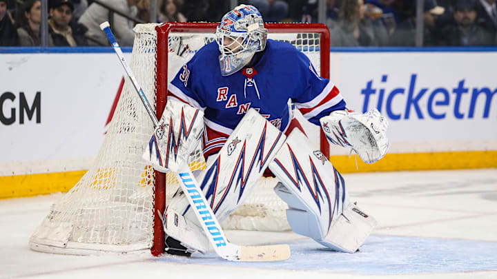 Jan 18, 2025; New York, New York, USA; New York Rangers goalie Igor Shesterkin (31) protects the net against the Columbus Blue Jackets during the second period at Madison Square Garden. Mandatory Credit: Danny Wild-Imagn Images