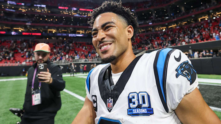 Carolina Panthers QB Bryce Young celebrates after a victory over the Atlanta Falcons in overtime at Mercedes-Benz Stadium