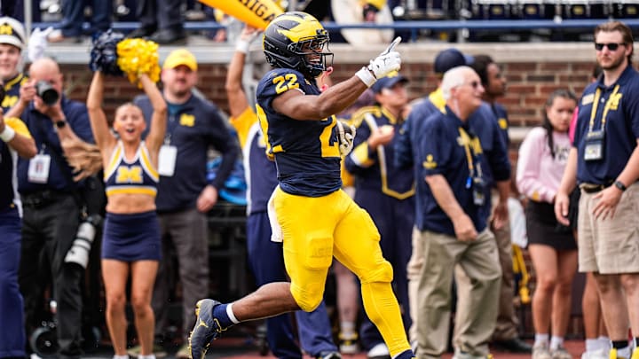 Michigan running back Justice Haynes (22) runs for a touchdown against Central Michigan during the second half at Michigan Stadium in Ann Arbor on Saturday, Sept. 13, 2025.