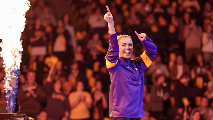 LSU gymnast Livvy Dunne is introduced to the crowd before a meet against Florida at the Pete Maravich Assembly Center in Baton Rouge.