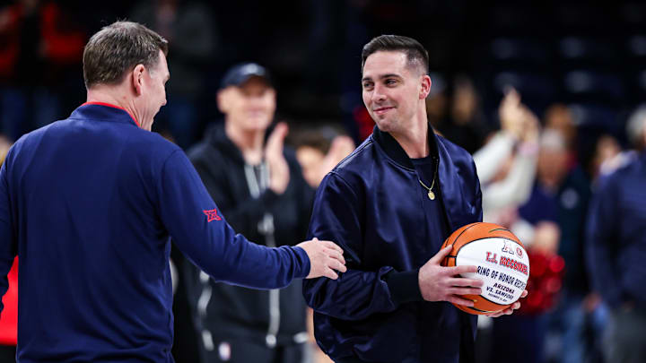 Dec 18, 2024; Tucson, Arizona, USA; Indiana Pacers guard  TJ McConnell (9) gets inducted into the Arizona Wildcats Ring of Honor before the game of the Arizona Wildcats versus the Samford Bulldogs at McKale Center. Mandatory Credit: Aryanna Frank-Imagn Images