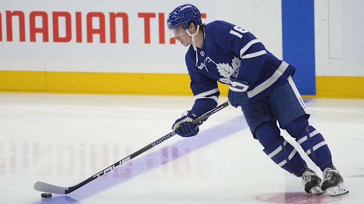 May 5, 2025; Toronto, Ontario, CAN; Toronto Maple Leafs forward Mitch Marner (16) skates with the puck before game one of the second round of the 2025 Stanley Cup Playoffs against the Florida Panthers at Scotiabank Arena. Mandatory Credit: John E. Sokolowski-Imagn Images