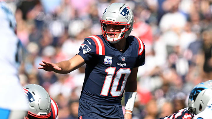 Sep 28, 2025; Foxborough, Massachusetts, USA; New England Patriots quarterback Drake Maye (10) calls a play against the Carolina Panthers  during the first half at Gillette Stadium. Mandatory Credit: Brian Fluharty-Imagn Images