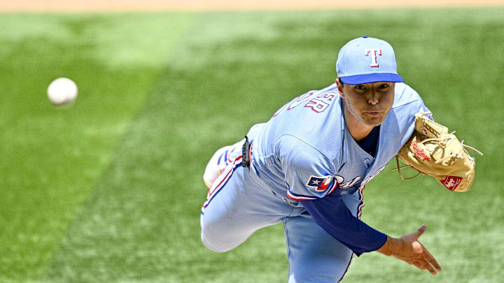 Apr 5, 2026; Arlington, Texas, USA; Texas Rangers starting pitcher Jack Leiter (22) pitches against the Cincinnati Reds during the fifth inning at Globe Life Field. Mandatory Credit: Jerome Miron-Imagn Images Apr 5, 2026; Arlington, Texas, USA; Texas Rangers starting pitcher Jack Leiter (22) pitches against the Cincinnati Reds during the fifth inning at Globe Life Field. Mandatory Credit: Jerome Miron-Imagn Images