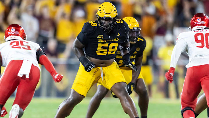 Oct 25, 2025; Tempe, Arizona, USA; Arizona State Sun Devils offensive lineman Max Iheanachor (58) against the Houston Cougars at Mountain America Stadium. Mandatory Credit: Mark J. Rebilas-Imagn Images Oct 25, 2025; Tempe, Arizona, USA; Arizona State Sun Devils offensive lineman Max Iheanachor (58) against the Houston Cougars at Mountain America Stadium. Mandatory Credit: Mark J. Rebilas-Imagn Images