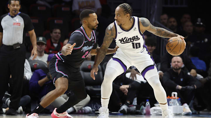 Dec 6, 2025; Miami, Florida, USA; Miami Heat guard Norman Powell (24) defends Sacramento Kings guard DeMar DeRozan (10) during the first half at Kaseya Center. Mandatory Credit: Rhona Wise-Imagn Images Dec 6, 2025; Miami, Florida, USA; Miami Heat guard Norman Powell (24) defends Sacramento Kings guard DeMar DeRozan (10) during the first half at Kaseya Center. Mandatory Credit: Rhona Wise-Imagn Images