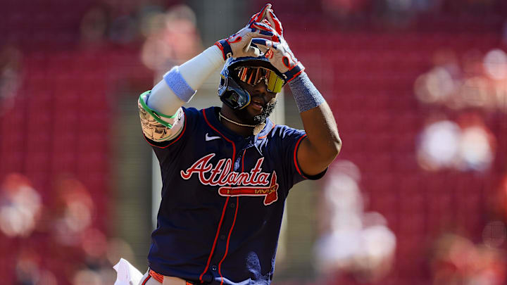 Sep 19, 2024; Cincinnati, Ohio, USA; Atlanta Braves outfielder Michael Harris II (23) reacts after hitting a solo home run in the eighth inning against the Cincinnati Reds at Great American Ball Park. Mandatory Credit: Katie Stratman-Imagn Images