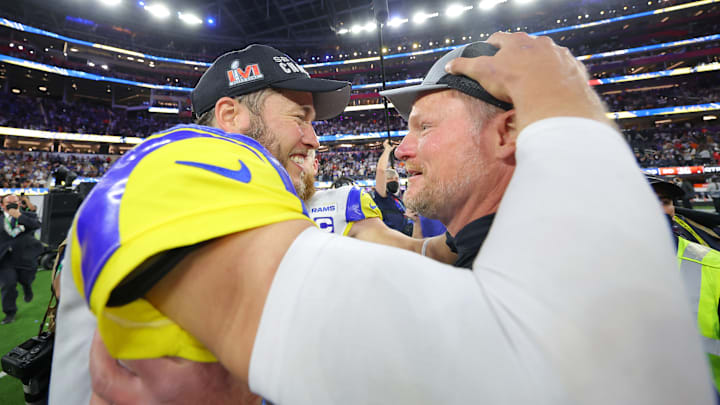 Los Angeles Rams quarterback Matthew Stafford (L) and general manager Les Snead (R)