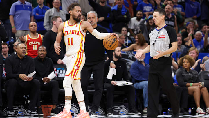 Apr 15, 2025; Orlando, Florida, USA; Atlanta Hawks guard Trae Young (11) reacts after receiving a second technical foul and ejection against the Orlando Magic in the fourth quarter at Kia Center. Mandatory Credit: Nathan Ray Seebeck-Imagn Images Apr 15, 2025; Orlando, Florida, USA; Atlanta Hawks guard Trae Young (11) reacts after receiving a second technical foul and ejection against the Orlando Magic in the fourth quarter at Kia Center. Mandatory Credit: Nathan Ray Seebeck-Imagn Images
