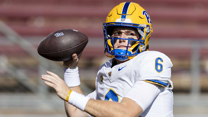 Nov 1, 2025; Stanford, California, USA; Pittsburgh Panthers quarterback Mason Heintschel (6) warms up before the game against the Stanford Cardinal at Stanford Stadium. Mandatory Credit: John Hefti-Imagn Images