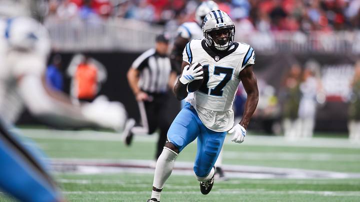 Carolina Panthers wide receiver Xavier Legette (17) runs with the ball in the third quarter 