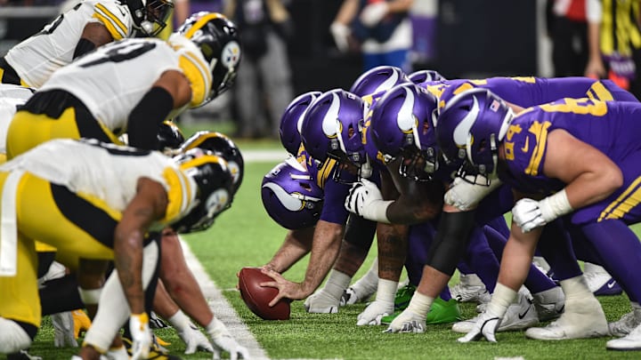 Dec 9, 2021; Minneapolis, Minnesota, USA; The line of scrimmage between the Minnesota Vikings and the Pittsburgh Steelers at U.S. Bank Stadium. Dec 9, 2021; Minneapolis, Minnesota, USA; The line of scrimmage between the Minnesota Vikings and the Pittsburgh Steelers at U.S. Bank Stadium.