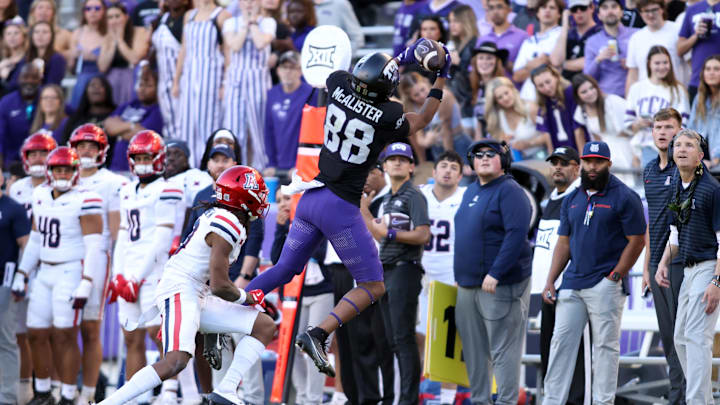 Nov 23, 2024; Fort Worth, Texas, USA; TCU Horned Frogs wide receiver Eric McAlister (88) catches a pass against the Arizona Wildcats in the second half at Amon G. Carter Stadium. Mandatory Credit: Tim Heitman-Imagn Images