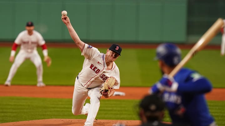 Apr 7, 2025; Boston, Massachusetts, USA; Boston Red Sox pitcher Richard Fitts (80) throws a pitch against the Toronto Blue Jays in the first inning at Fenway Park. Mandatory Credit: David Butler II-Imagn Images