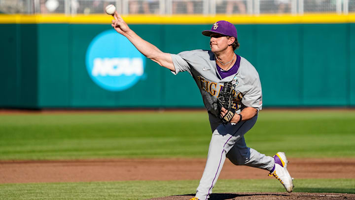 Jun 19, 2023; Omaha, NE, USA; LSU Tigers starting pitcher Ty Floyd (9) throws a pitch against the Wake Forest Demon Deacons during the first inning at Charles Schwab Field Omaha. Mandatory Credit: Dylan Widger-Imagn Images Jun 19, 2023; Omaha, NE, USA; LSU Tigers starting pitcher Ty Floyd (9) throws a pitch against the Wake Forest Demon Deacons during the first inning at Charles Schwab Field Omaha. Mandatory Credit: Dylan Widger-Imagn Images