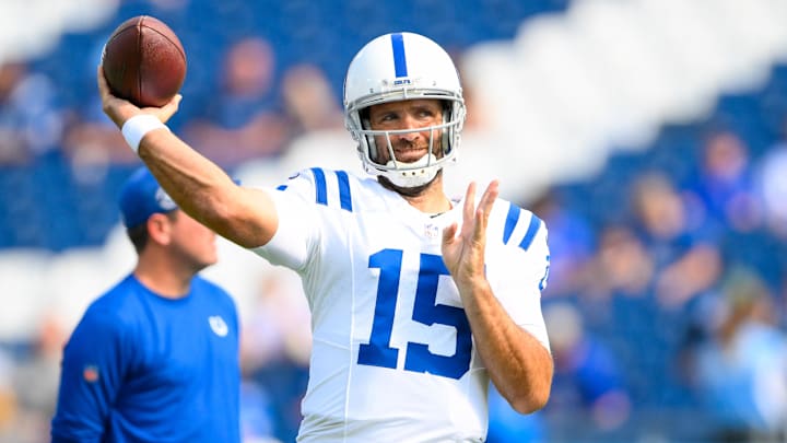 Oct 13, 2024; Nashville, Tennessee, USA; Indianapolis Colts quarterback Joe Flacco (15) throws during pregame warmups against the Tennessee Titans at Nissan Stadium. Mandatory Credit: Steve Roberts-Imagn Images Oct 13, 2024; Nashville, Tennessee, USA; Indianapolis Colts quarterback Joe Flacco (15) throws during pregame warmups against the Tennessee Titans at Nissan Stadium. Mandatory Credit: Steve Roberts-Imagn Images