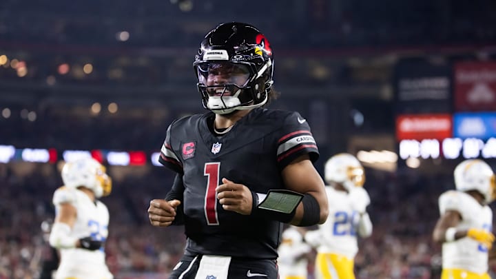 Oct 21, 2024; Glendale, Arizona, USA; Arizona Cardinals quarterback Kyler Murray (1) celebrates after running for a touchdown against the Los Angeles Chargers in the second half at State Farm Stadium. Mandatory Credit: Mark J. Rebilas-Imagn Images Oct 21, 2024; Glendale, Arizona, USA; Arizona Cardinals quarterback Kyler Murray (1) celebrates after running for a touchdown against the Los Angeles Chargers in the second half at State Farm Stadium. Mandatory Credit: Mark J. Rebilas-Imagn Images